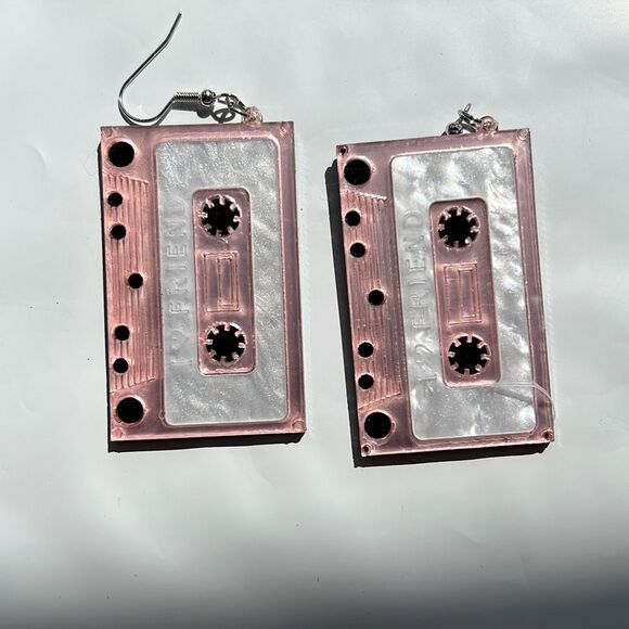 Pink Cassette Tape Drop Earrings - Picture 3 of 6